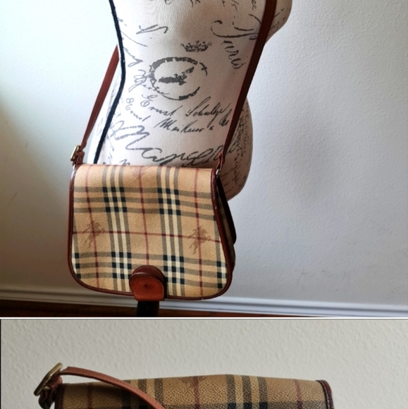 Burberry Vintage Haymarket Canvas and Leather Trimmed Brown Crossbody Make Offer - Picture 3 of 16